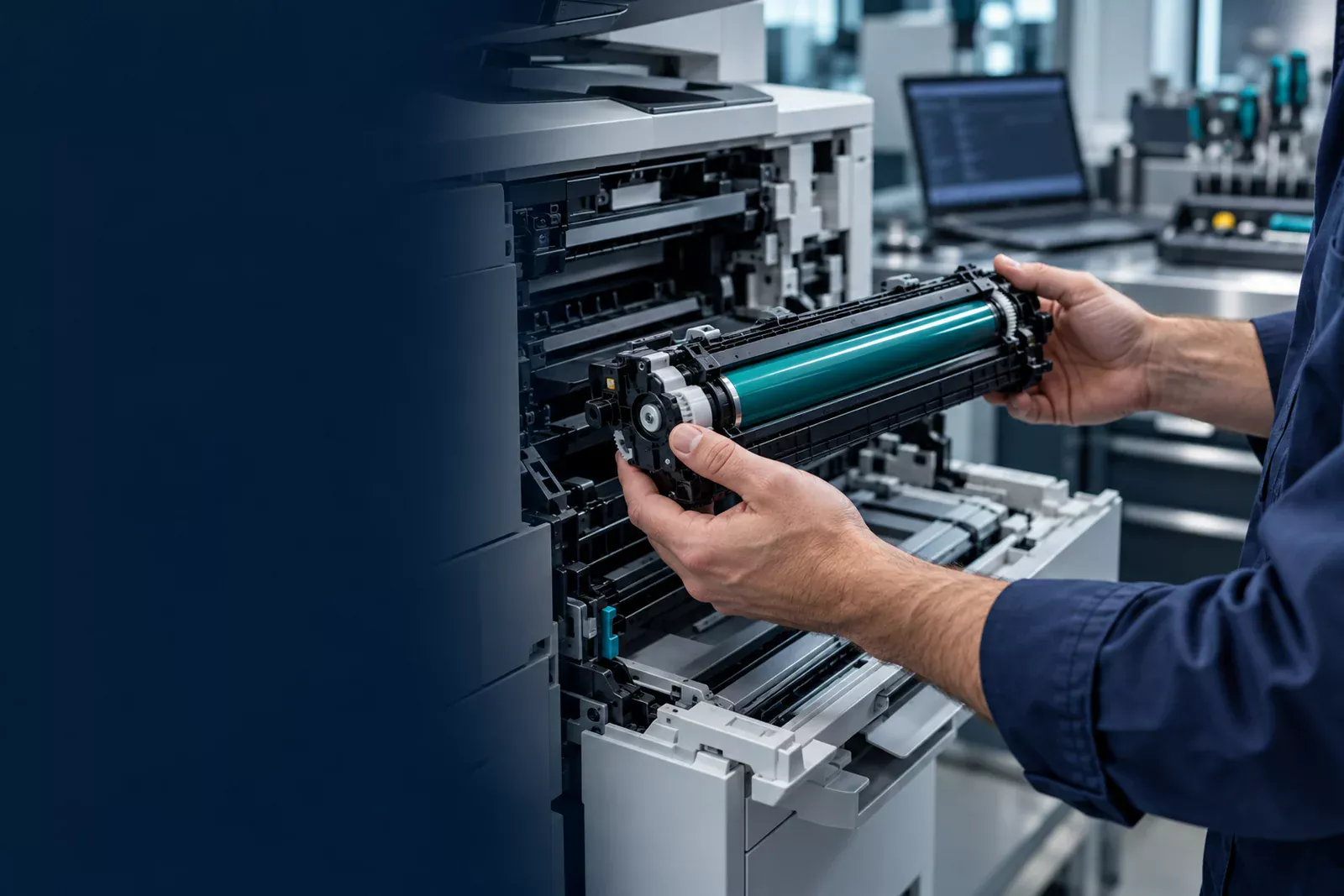 Technician examining a printer roller assembly